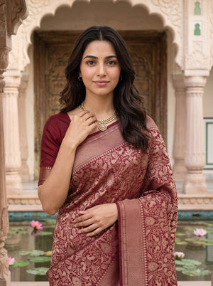 Banarasi Saree in Maroon with Golden Floral Jaal Pallu