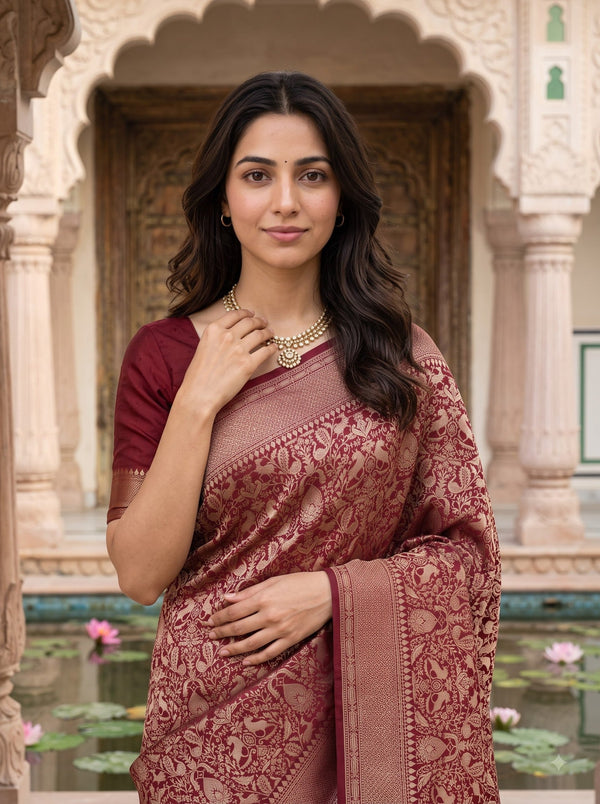 Banarasi Saree in Maroon with Golden Floral Jaal Pallu