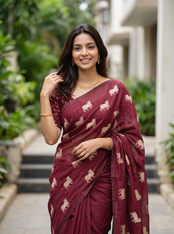 Cotton Silk Maroon Saree with animal Motif Mural Pallu