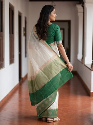 Semi Chanderi Off White Green Shaded Border Zari Medallion Saree