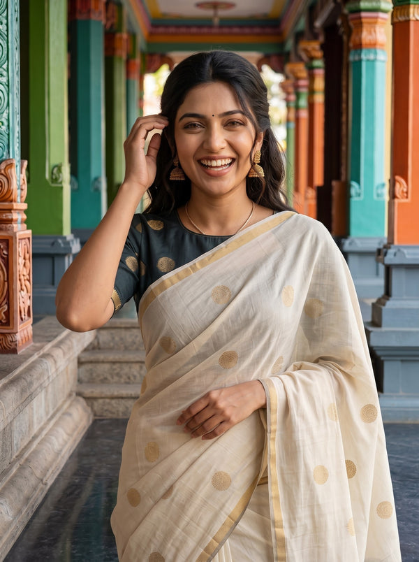 Cotton Silver Grey Black Golden Coin Motif Saree