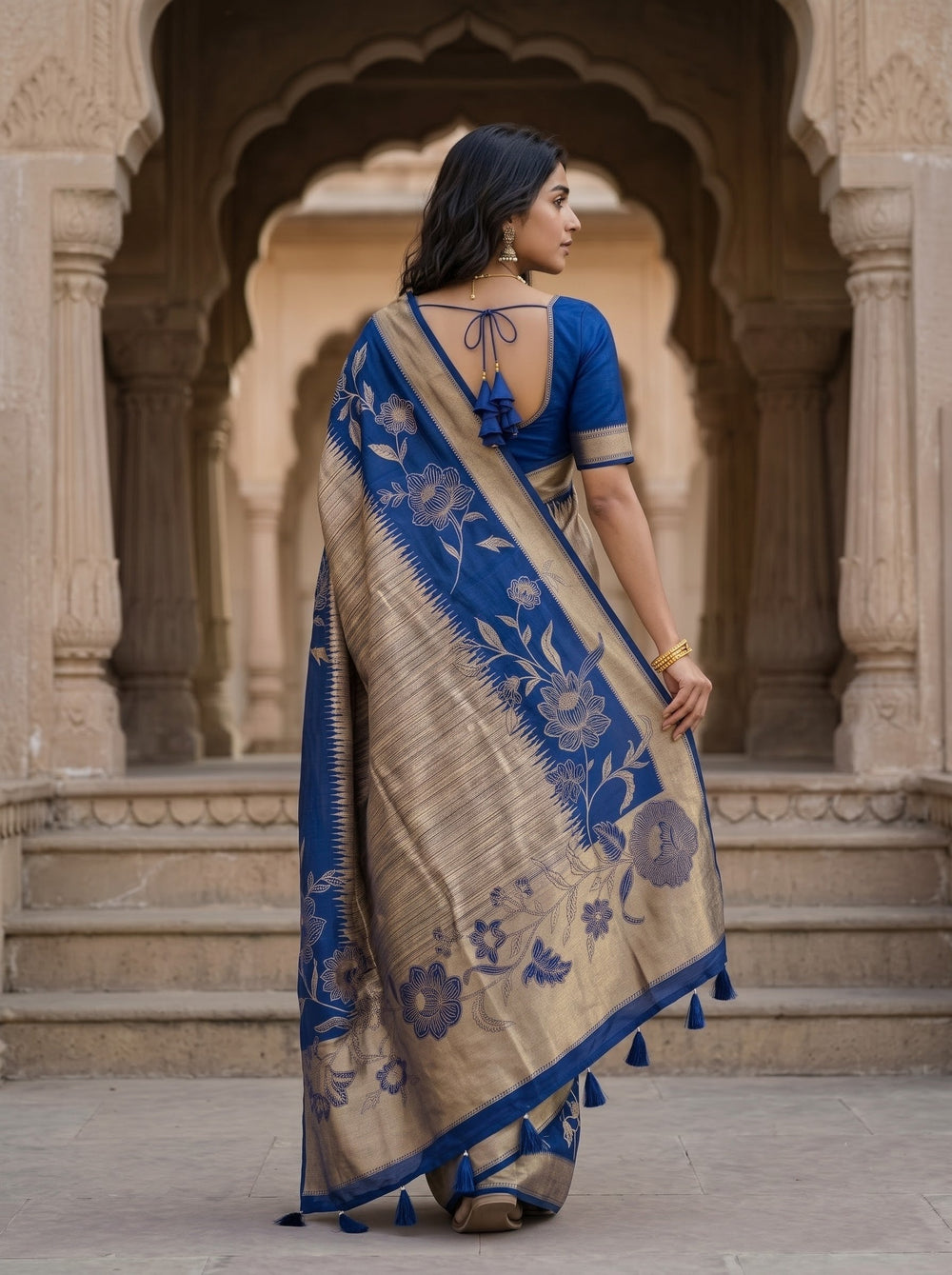 Banarasi Navy Golden Zari Floral Peony Border Saree with Tassels
