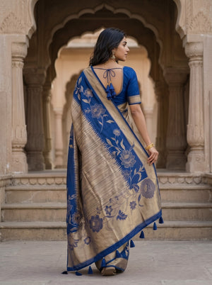 Banarasi Navy Golden Zari Floral Peony Border Saree with Tassels