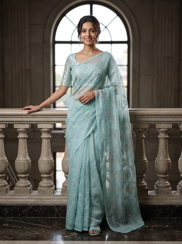 Organza Sea blue Saree with Floral Vine Embroidery