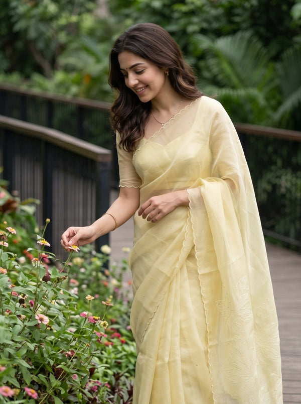 Linen Yellow Saree with Maple Leaf Cutwork Pallu and Sequin Work