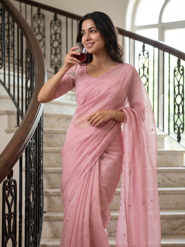 Organza Light Pink Floral Embroidered Saree