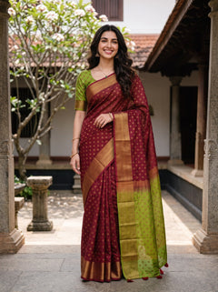Semi Silk Maroon Green Ombre Zari Butti Saree