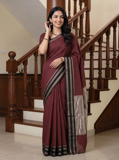Cotton Silk Maroon Checked Black Border Saree