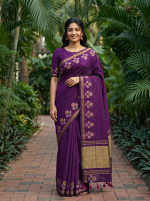 Cotton Deep Purple Saree with Gold Striped Border and Floral Butta Side Border