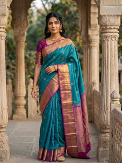 Pure Silk Peacock Blue Saree with Golden Zari Peacock Motif Pallu
