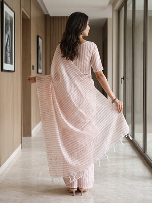 Tissue Peach Beige Striped Saree with Golden Sequin Wave Accents and Fringe