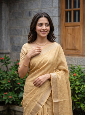 Linen Mustard Yellow Woven Texture Saree with Golden Striped Border and Tassels