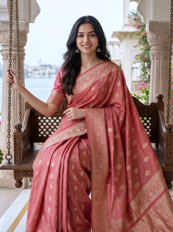 Banarasi Saree in Coral Pink with Golden Paisley Pallu Design