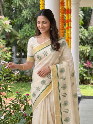 Tissue Cream Kerala Saree with Green Paisley Motif Pallu and Temple Border