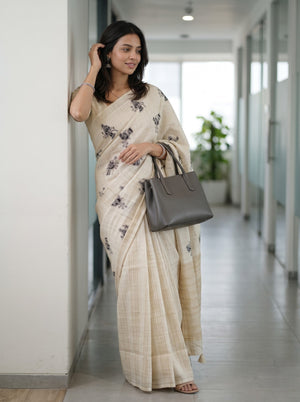Cotton Beige Saree with Black Tribal Bird Print