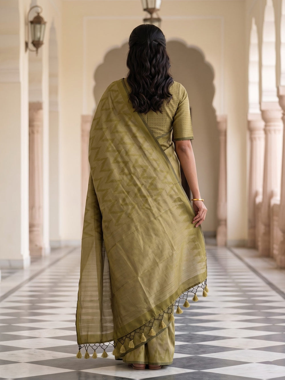 Matka Silk Olive Golden Zigzag Weave Saree with Tassels