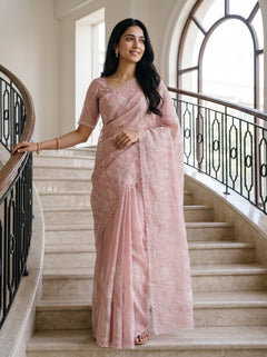 Organza Pink Allover Self-Tone Rose Embroidered Saree with Scalloped Edges