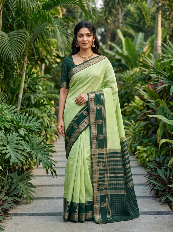 Chanderi Cotton Light Green Saree with Gold Zari Check and Floral Motif Pallu