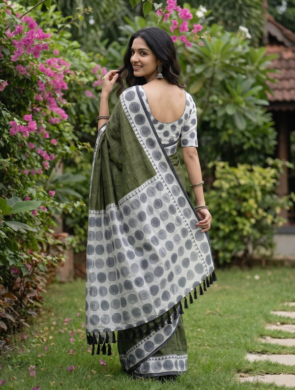Cotton Olive Green White Mandala Dot Print Saree