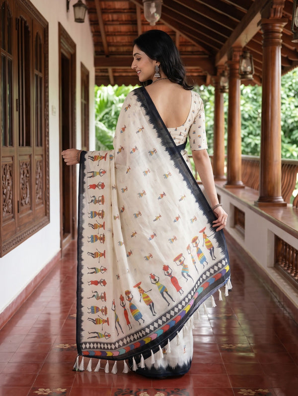 Cotton Saree in White with Ethnic Tribal Figure Motif