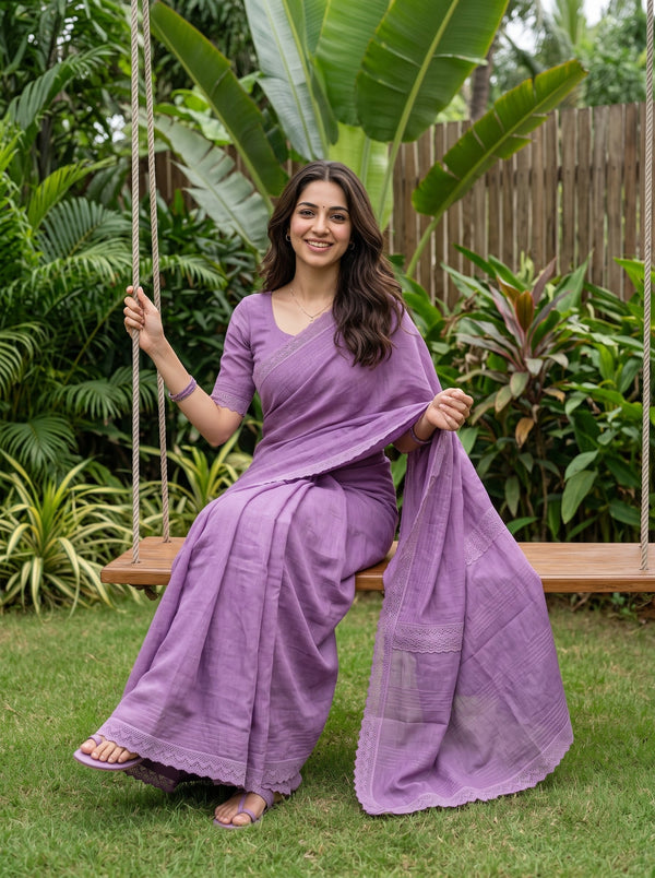 Cotton Linen Lavender Purple Saree with Lace Border and Horizontal Stripe Details in pallu
