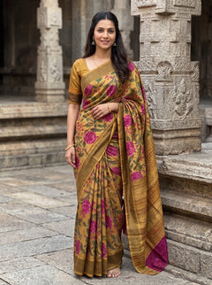 Tussar Silk Mustard Yellow Saree with Kantha Embroidered Rose Floral Print