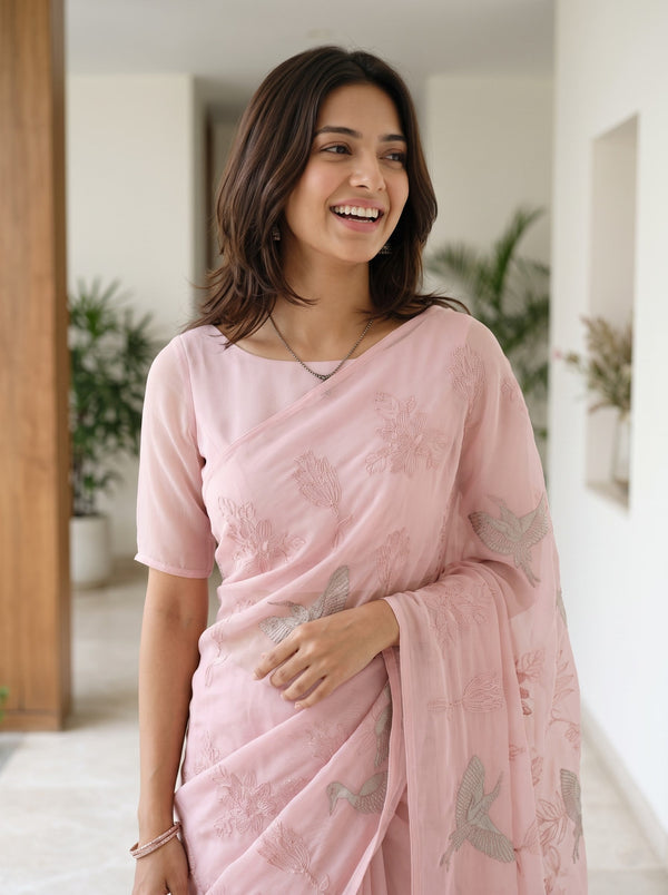 Organza Dusty Pink Crane Bird Floral Embroidered Saree