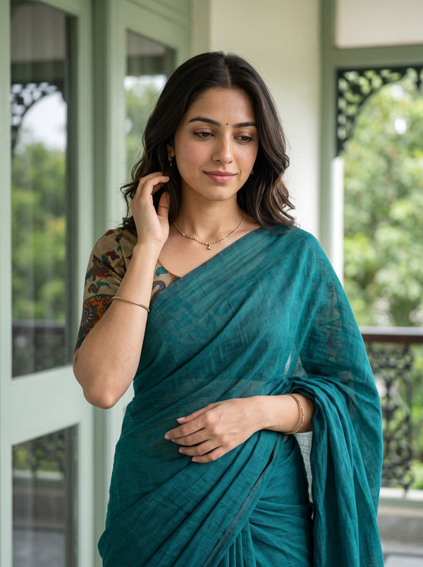 Cotton Teal Green Saree with Teal Tassels and Floral Print