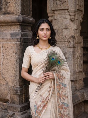 Linen Saree in Off-White with Bird Floral Embroidered Pallu
