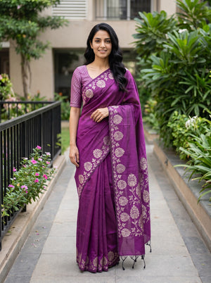 Cotton Silk Purple Saree with Golden Zari Floral Weave Pallu