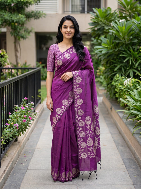 Cotton Silk Purple Saree with Golden Zari Floral Weave Pallu