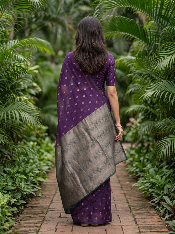 Cotton Silk Purple Saree with Zari Geometric Patterned Pallu