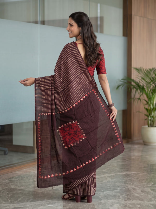 Modal Wine Red Batik Medallion Triangle Border Saree
