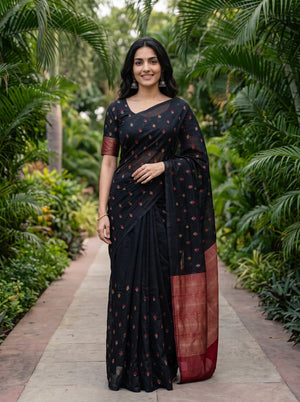 Cotton Black Saree with Multicolor Floral Butta Pattern