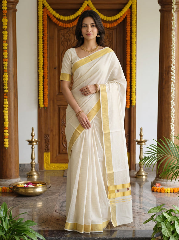 Cotton Cream Checkered  Onam Special Kerala  Saree with Wide Golden Border