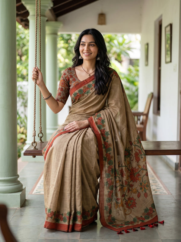 Cotton Khaki Brown Saree with Rust Floral Mural Print