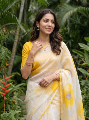 Cotton White Yellow Watercolor Floral Saree