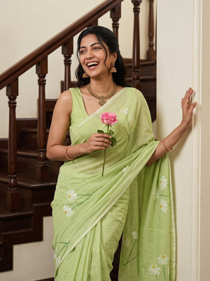 Cotton Light Green Saree with White Daisy Flower Print