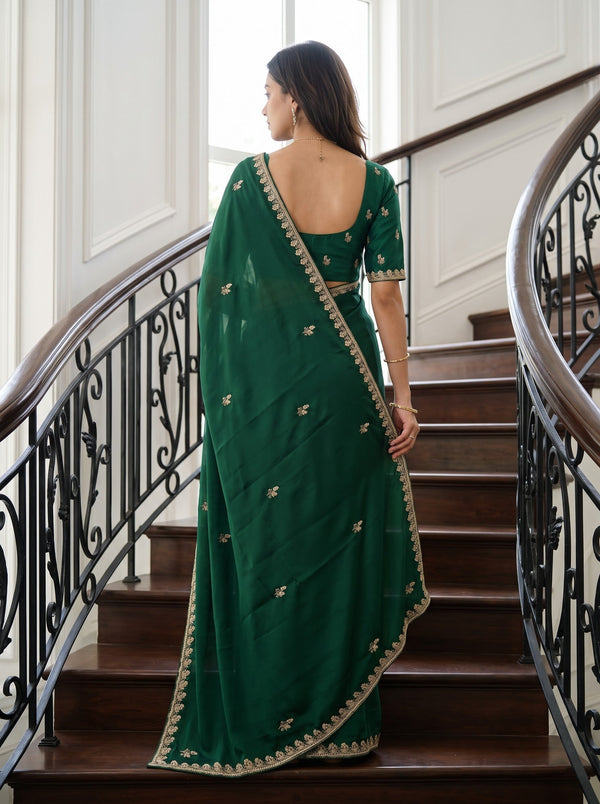 Chiffon Bottle Green Saree with Golden Bead Floral Butta and Scalloped Sequin Border