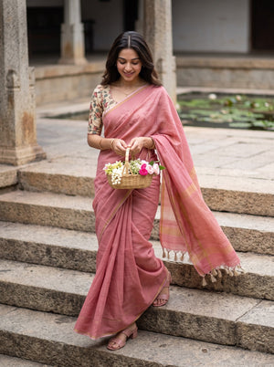 Semi Tussar Pink Golden Striped Saree