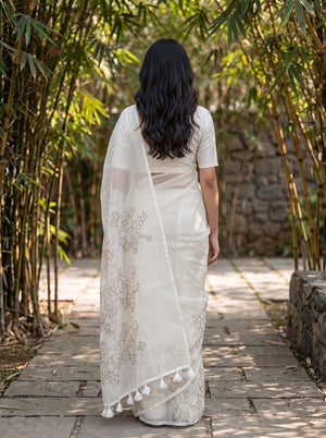 Kota Doria White Self-Tone Rose Bouquet Embroidery Saree