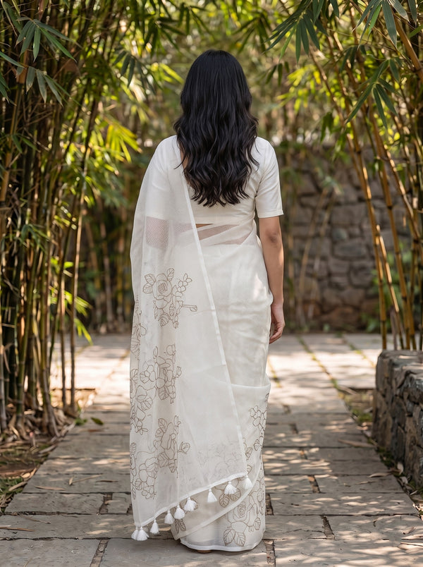 Kota Doria White Self-Tone Rose Bouquet Embroidery Saree