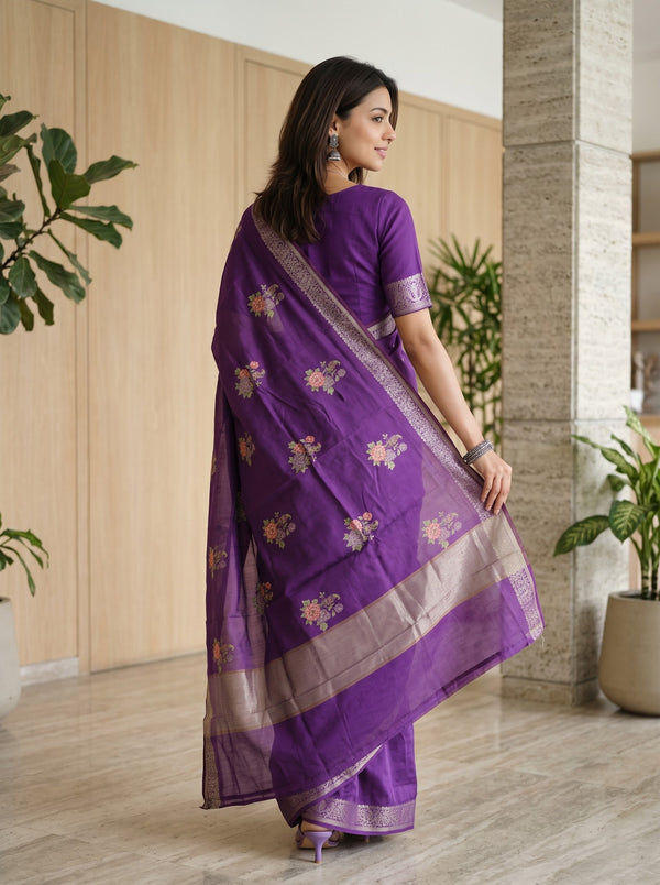 Chanderi Cotton Purple Saree with Scattered Rose Bouquet Print
