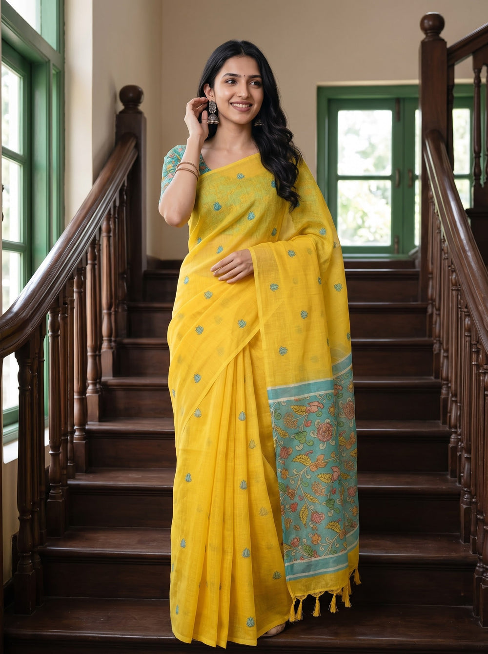 Cotton Yellow Saree with Teal Kalamkari Print Pallu