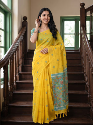 Cotton Yellow Saree with Teal Kalamkari Print Pallu