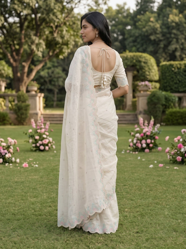 Organza Off White Pastel Rose Embroidered Scalloped Border Saree