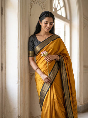 Semi Silk Mustard Yellow Golden Pinstripe Saree with Black Zari Border