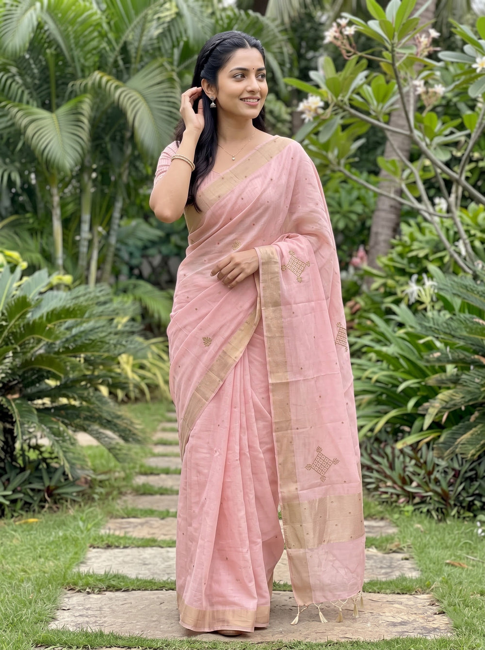 Linen Baby Pink Saree with Golden Bead Diamond Motifs