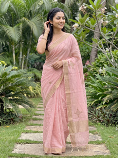 Linen Baby Pink Saree with Golden Bead Diamond Motifs