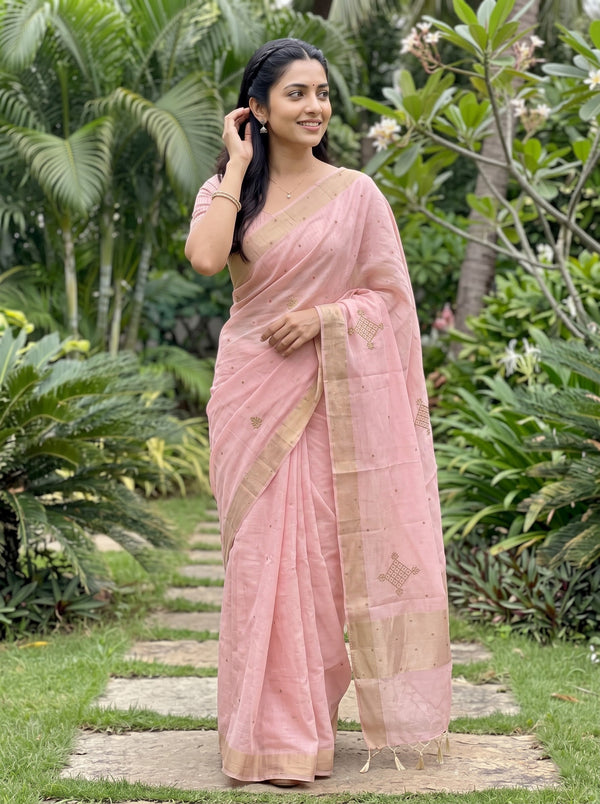 Linen Baby Pink Saree with Golden Bead Diamond Motifs